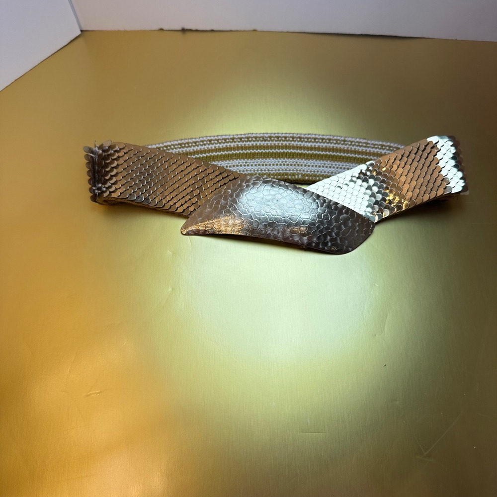 Vintage Gold Sequin Scale Wide Elastic Stretch Waist‎ Cinch Belt Metallic Glam - Picture 3 of 7
